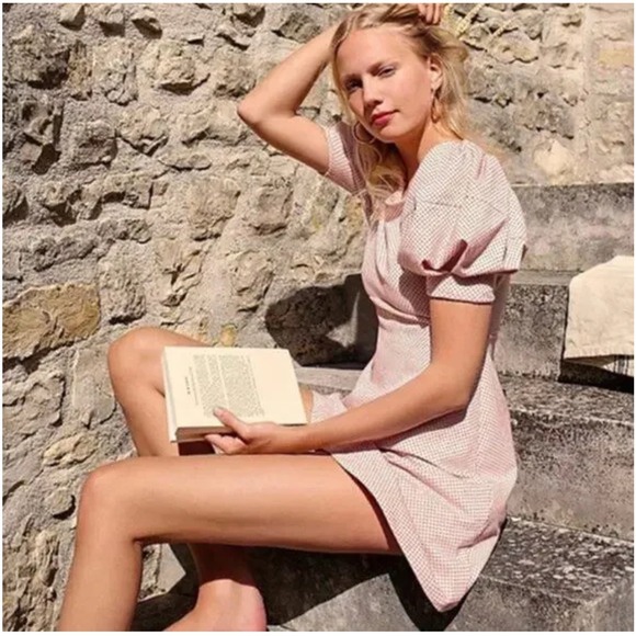 Free People Dresses & Skirts - Free‎ People Penelope Mini Dress Pink Polka Dot Puff Sleeve keyhole back size L